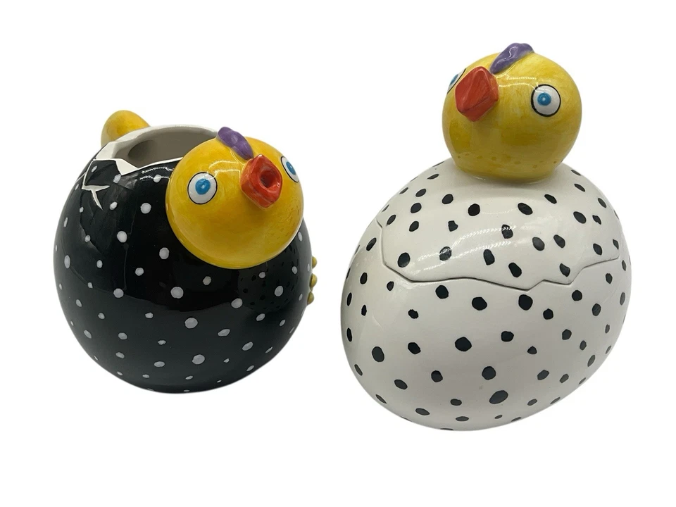 Crema y azucarero con tapa Department 56 vintage a lunares para pollos Foto 1 de 4