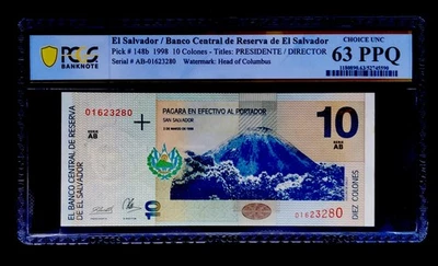 1998 10 Colones El Salvador BANKNOTE PCGS 63 PPQ CHOICE UNC. - Image 1 of 2