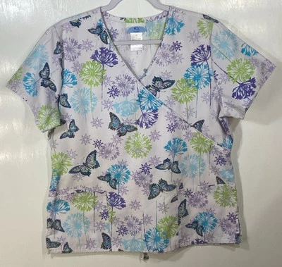 Scrub Top womens size M medium  Butterflies Dandelions Flowers purple blue green - Image 1 of 4