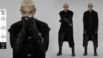 Punk Rave Tattered Denim Splicing Twill Black Fingerless Mid Gloves For Male - Image 1 of 4