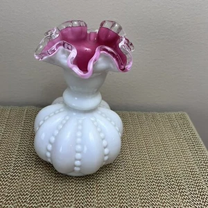 Vintage Fenton Ruffled Edge Pink Interior White Milk Glass Beaded Vase 6" - Picture 1 of 6
