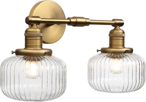 JIMUBEAM 2Lights Industrial Glass Wall Sconces Antique Brass Clear Striped Globe - Picture 1 of 1