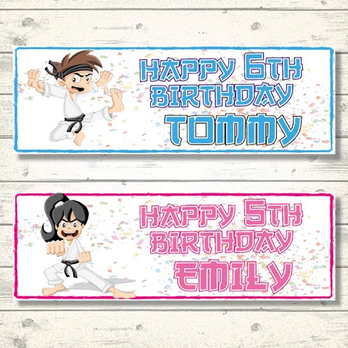 2 BANDERAS DE CUMPLEAÑOS PERSONALIZADAS KARATE TAEKWONDO JUDO ARTES MARCIALES - ROSA/AZUL Foto 1 de 1