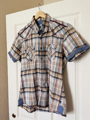 Mondo Men's XL Designer LN  Plaid Short Sleeve W/ Highlights /Detail Slim - Image 1 of 4