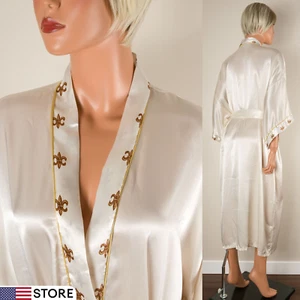 💖 LILY OF FRANCE VTG Kimono Robe Ivory Liquid Satin Fleur de Lis Belted Sz L - Picture 1 of 11