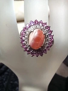 ¿Turmalina rosa con plata esterlina 925 y otras piedras? Anillo de racimo talla O - Imagen 1 de 8