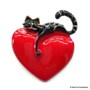 Black Cat Lover Enamel Loveheart Brooch Vintage Art Deco Style Pin Gift - Picture 1 of 5