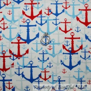 BonEful Fabric FQ Cotton Quilt White Red Blue America Sea ANCHOR US Holiday Boat - Picture 1 of 10