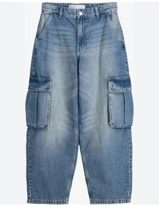 Pantalones de mezclilla holgados Bershka cargo cónicos en denim azul lavado 100 % algodón talla 12/L - Imagen 1 de 6