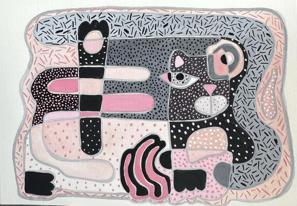 cat abstract Pic-cat-so pink & gray modern folk outsider original painting art - Image 1 of 1