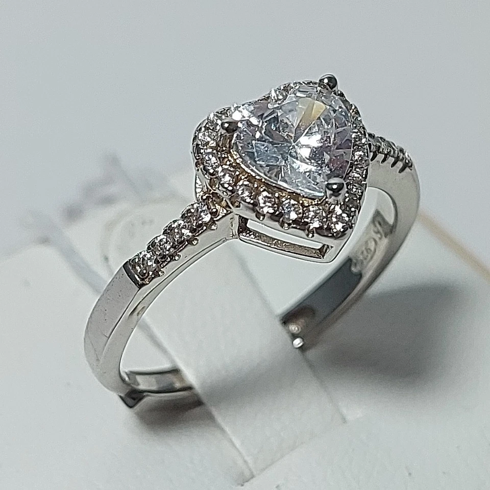Anello Argento  925 Bianco con Cuore Zirconi Brillanti Elegante Donna Regolabile - Immagine 1 di 4