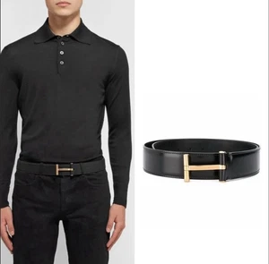 TOM FORD Black Leather Gold Metal T-Buckle Simple Decorated Belt US 38 IT 95 - Picture 1 of 8