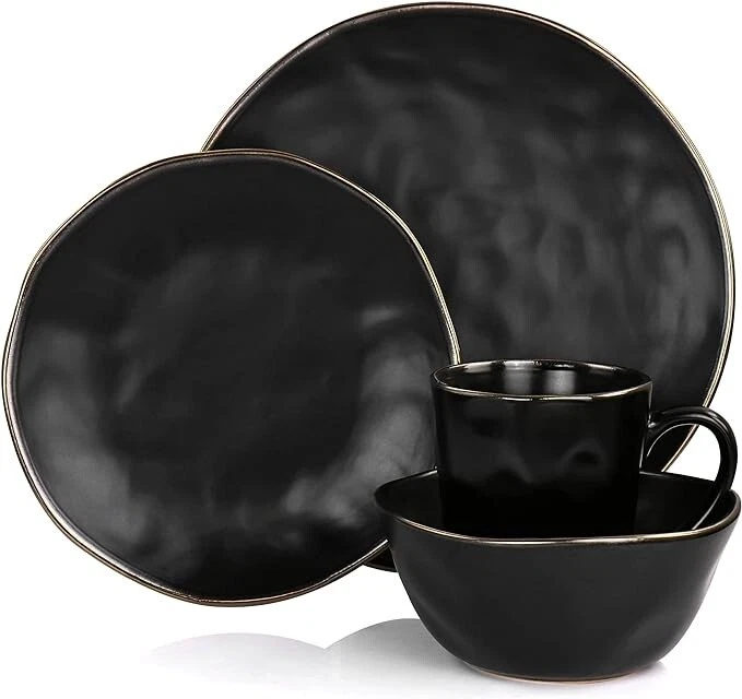 Elama George Modern 4 Piece Set Stoneware  Matte Black with Gold Rim - Image 1 of 1