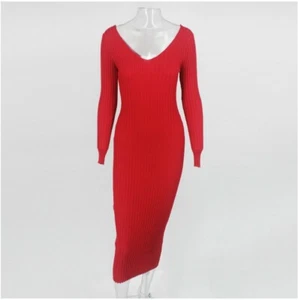 NEW Women Knitted V Neck Slim Ribbed Long Sleeve Bodycon Pencil Midi Dress #S - Picture 1 of 18