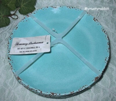 Tommy Bahama Aqua Melamine Appetizer Plates Set of 4 ~ Rustic Edge 6" - Image 1 of 3
