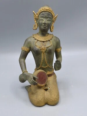 Vintage Gilt Bronze Thai Princess Deity Figure Playing a Drum Circa 1950's - Image 1 of 4