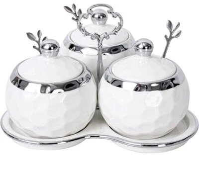 Azúcarero de cerámica para golf - Contenedor de condimentos blanco y plateado, NUEVO Foto 1 de 4