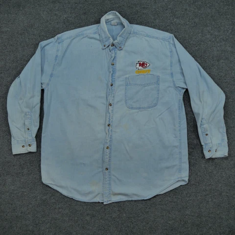 Vintage Kansas City Chiefs Shirt Adult Large Blue Denim Jean Button Up Mens 90s Cover