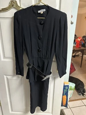 80s ST. GILLIAN Black SILK Blend PEPLUM Dress Belt Small 6 Kay Unger 32 Bust VNT - Image 1 of 4