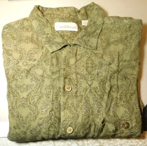 Caribbean~Men's Short Sleeve Large Green 100% Rayon Button Shirt With Pocket - Picture 1 of 24