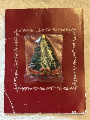 New Vintage American Greeting Christmas Tree with Red Gold Bow  Pin Brooch 1990 Foto 1 de 3