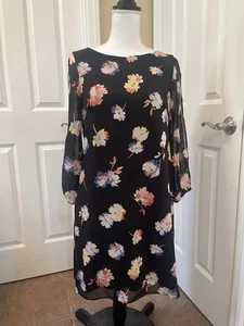 Kensie 8 Black Floral Lined Shift Dress Sheer Open 3/4 Length Elastic Hem Sleeve - Picture 1 of 17