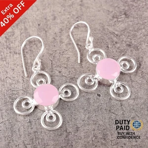 Venta de Navidad Pendientes colgantes de plata de ley 925 con piedra de calcedonia rosa - Imagen 1 de 7