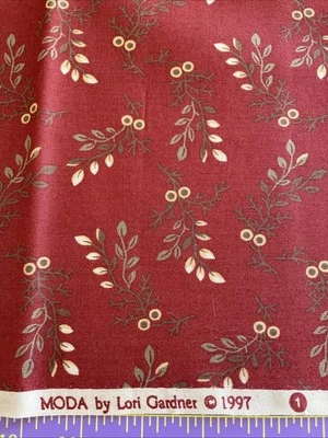 Vintage Fabric By Lori Gardner 1.5 yd x 44” Burgundy Red Leaf Print 1997 - Image 1 of 2
