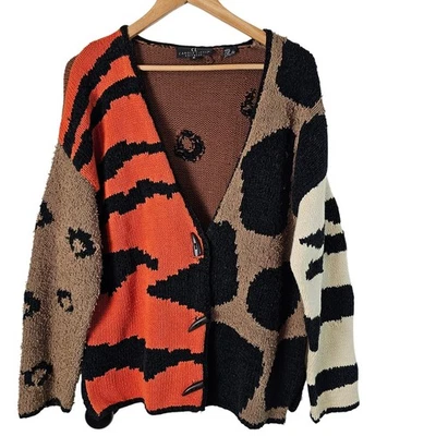 Vtg Carole Little Cardigan Women Med Brown Animal Print Knit Patchwork Boho Cats - Image 1 of 4