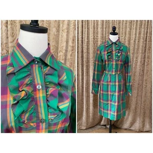 1960s Alice of California Plaid Sheath Dress Green, Pink, Orange Ruffle Tuxedo - Picture 1 of 8