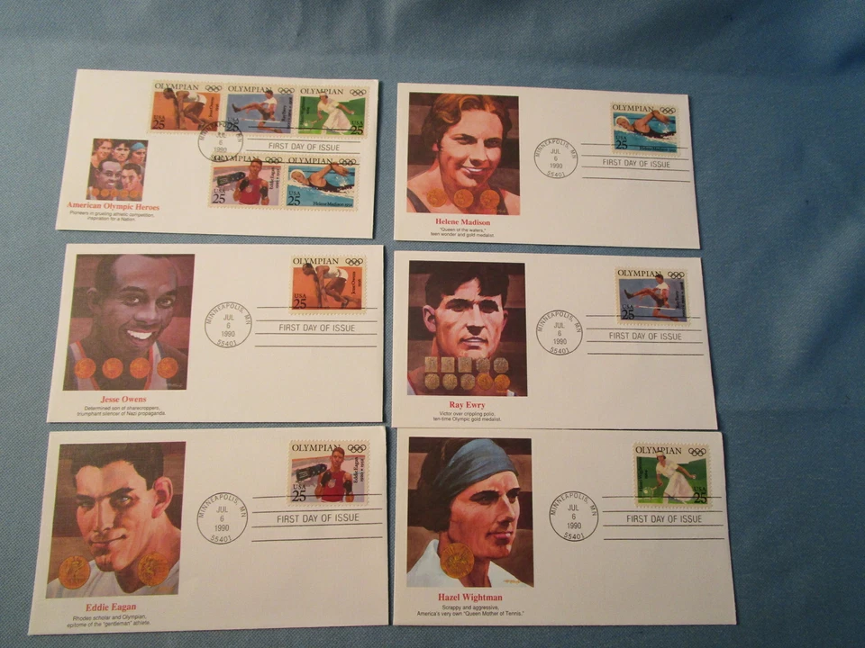 American First Day 1990 OLYMPIANS Lot 6 cachet & stamps MINNEAPOLIS mint - Image 1 of 4