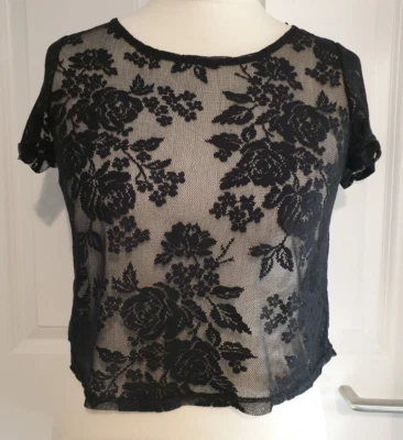 NEW LOOK Y2K SHEER BLACK FLORAL LACE CROPPED TOP SIZE 12 - Image 1 of 3