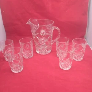 Vintage Anchor Hocking Star of David Pitcher 54 oz and 6 Matching Tumblers 8 Oz - Picture 1 of 16