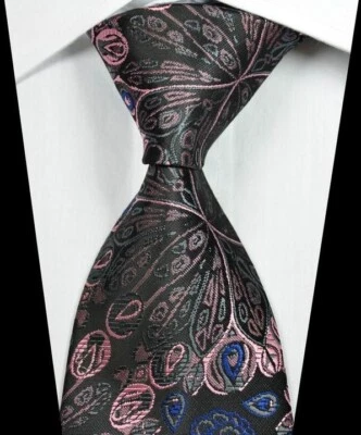 NUEVO PATRÓN DE LUJO NEGRO GRIS ROSA JACQUARD TEJIDO 100% SEDA HOMBRE CORBATA CORBATA Foto 1 de 2