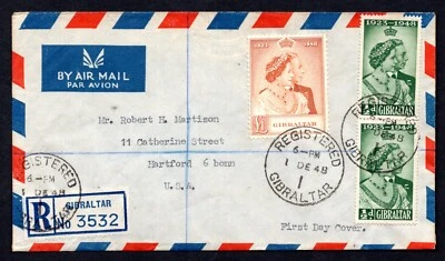UK GIBRALTAR 1949 US ROYAL SILVER WEDDING S.G. 134-135 FDC TIED ON REGISTERED - Image 1 of 2