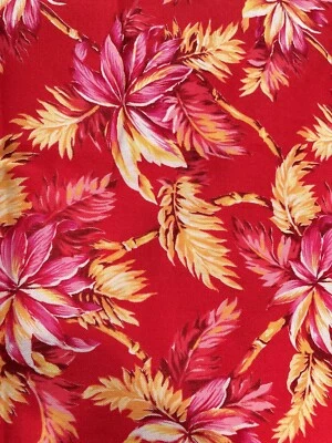 VTG Marcus Bros Fabric Pink Yellow Tropical Flowers on Red Faye Burgos 2.25Yx44" - Image 1 of 3