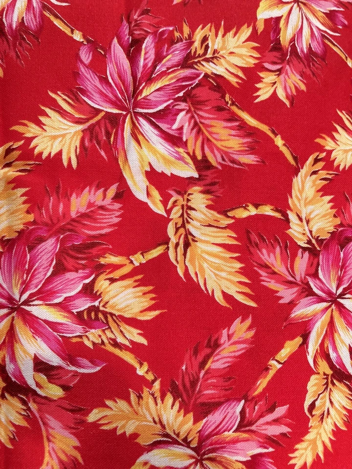 VTG Marcus Bros Fabric Pink Yellow Tropical Flowers on Red Faye Burgos 2.25Yx44" - Image 1 of 3