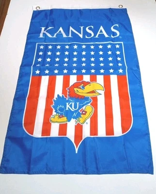 Kansas Jayhawks Flag W/ Grommets 36 in x 22 in.  American Flag Shield KU NCAA - Image 1 of 4