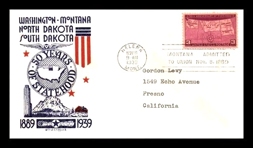 MONTANA  STATEHOOD HELENA  50TH ANNIV 1939 PATRIOTIC CLIFFORD CACHET FDC - Image 1 of 1