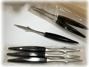6 Vtg MCM Hors d’oeuvres Party Stainless Black Handled Picks Forks Japan NOS - Picture 1 of 3