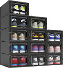 12 Pack Shoe Organizer Boxes, Black Plastic Stackable Shoe Storage Bins for Clos