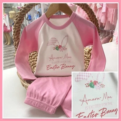 Personalised Girls Easter Pyjamas Excited for Easter Bunny Pink Pjs 0-10y 2024 — 第 1/4 张图片