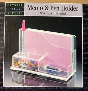 Memo & Pen Holder Crystal Clear Acrylic Home Office Desk Top Organizer - Picture 1 of 4