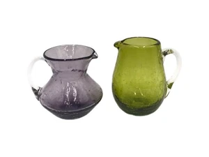 Vintage Hand Blown Crackle Glass Mini Pitchers Creamer Applied Handle - Set of 2 - Picture 1 of 8