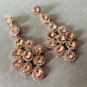 UK Ladies Large Designer Rose Gold Diamanté Statement Heavy Earrings Jewellery