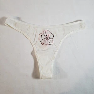Victoria's Secret Thong Large White Sheer Mesh Red Rose Embellished VTG - Picture 1 of 4