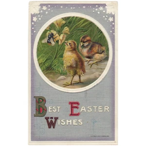 1910 schöne John Winsch Ostern Küken Uhr Biene Vintage Postkarte - Bild 1 von 2