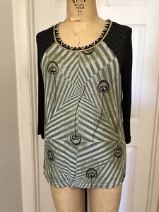 Gilt Feathers Sage Black Mixed Knit CUSTO BARCELONA Raglan Sleeve Top M EUC - Picture 1 of 13
