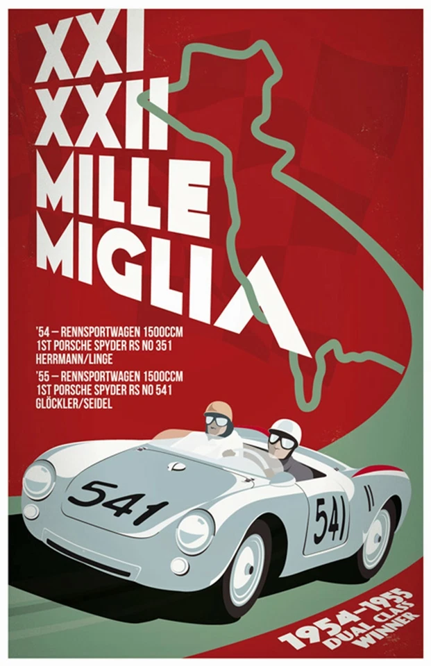 AWESOME PORSCHE POSTER MILLE MIGLI XXI XXII DUAL WINNER 1954-1955 - Image 1 of 1