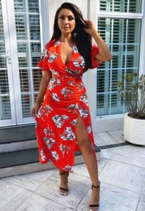 AX Paris Red Floral V-Neck Ruched Wrap Midi Split Dress size 8 Occasion Wedding - Picture 1 of 7